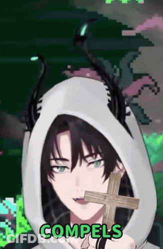 A Man With Horns Is Holding A Cross And The Word Compels Is On The Bottom Right GIF