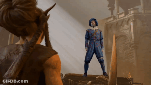 Horns Man Standing Before Blue Outfit Man GIF