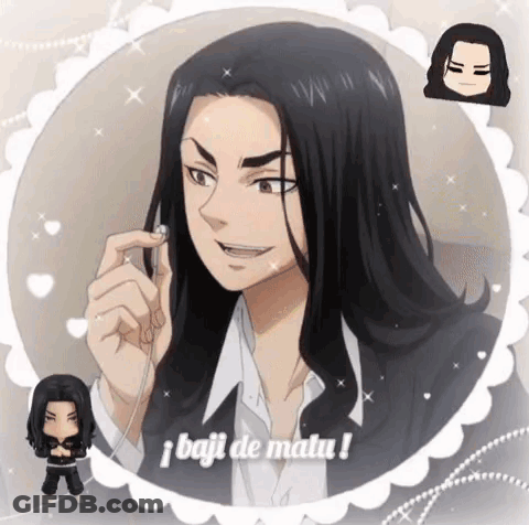 A Man With Long Black Hair Is Holding A Pair Of Earbuds In His Hand . GIF