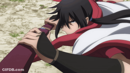 A Man With Long Black Hair Is Holding A Red And Black Object GIF