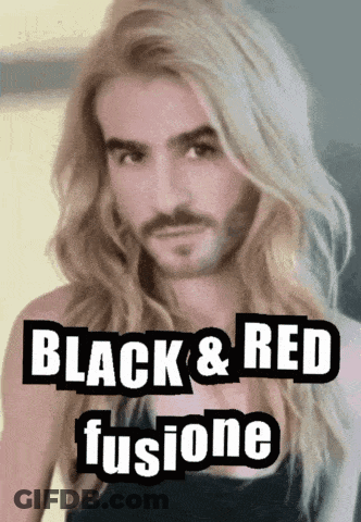 A Man With Long Blonde Hair And A Beard Has The Words Black & Red Fusione Above Him GIF