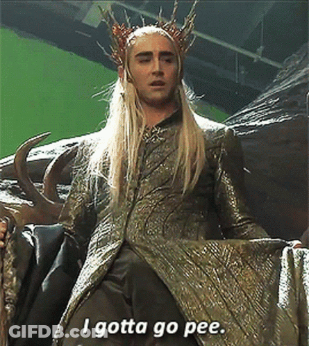 A Man With Long Blonde Hair And A Crown On His Head Says I Gotta Go Pee GIF