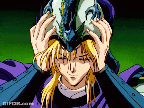 A Man With Long Blonde Hair Is Wearing A Helmet With A Dragon Design On It GIF