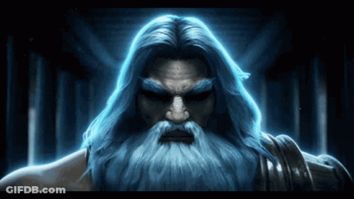 A Man With Long Blue Hair And A Beard Is Standing In A Dark Room GIF