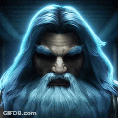 A Man With Long Blue Hair And A Beard Is Standing In The Dark . GIF