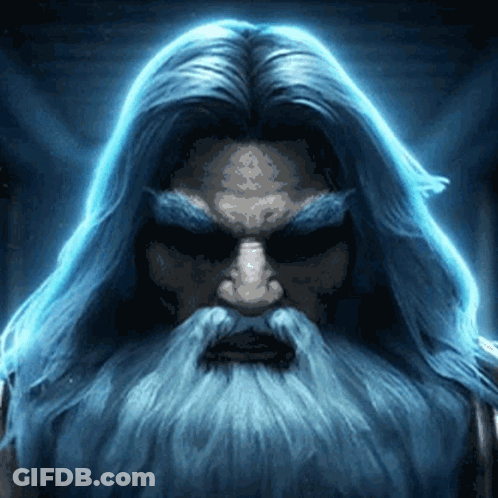 A Man With Long Blue Hair And A Beard Looks Very Angry GIF