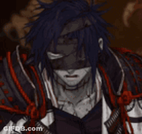 A Man With Long Blue Hair Is Wearing A Mask And Armor . GIF
