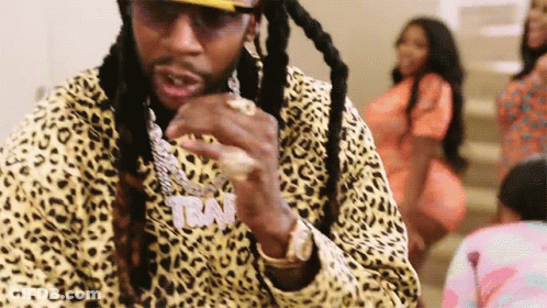 A Man With Long Dreadlocks Is Wearing A Leopard Print Jacket And A Hat . GIF