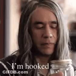 A Man With Long Gray Hair Is Drinking From A Mason Jar And Saying `` I 'M Hooked '' . GIF