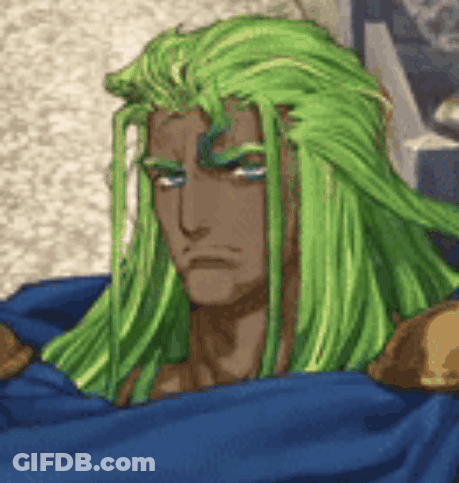 A Man With Long Green Hair And Blue Eyes Is Wearing A Blue Cape . GIF