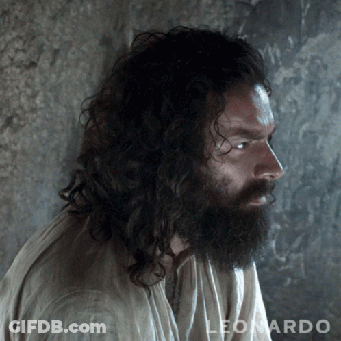 A Man With Long Hair And A Beard Has Leonardo Written On The Bottom GIF