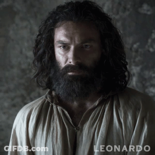 A Man With Long Hair And A Beard Has The Name Leonardo Below Him GIF