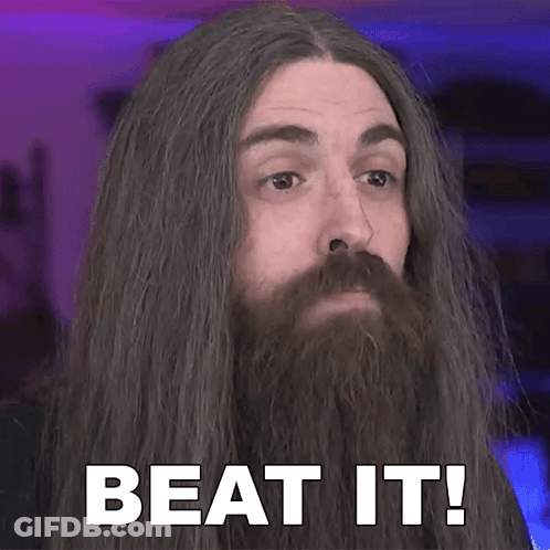 Man With Long Hair And Beard Beat It Text GIF