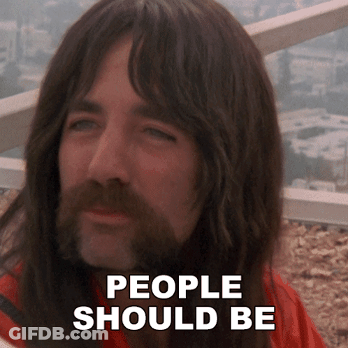 A Man With Long Hair And A Beard Has The Words People Should Be Written On His Face GIF