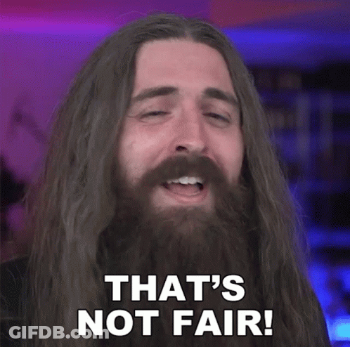 A Man With Long Hair And A Beard Has The Words That 'S Not Fair On His Face GIF