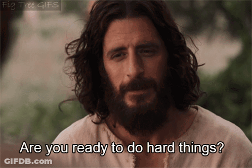 A Man With Long Hair And A Beard Is Asking If He Is Ready To Do Hard Things GIF