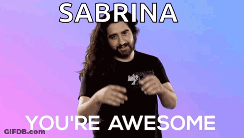 A Man With Long Hair And A Beard Is Dancing With The Words Sabrina You 'Re Awesome Behind Him GIF