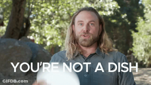 A Man With Long Hair And A Beard Is Holding A Frisbee And Says You 'Re Not A Dish GIF