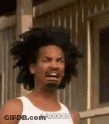 A Man With Long Hair And A Beard Is Making A Funny Face While Wearing A White Tank Top . GIF