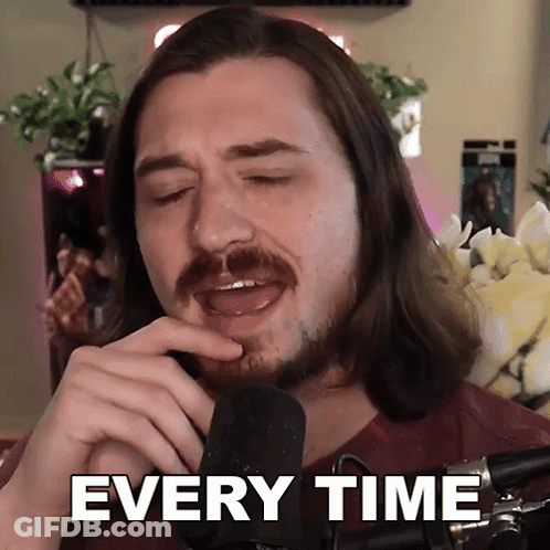 A Man With Long Hair And A Beard Is Singing Into A Microphone With The Words Every Time Written Below Him GIF