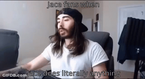 A Man With Long Hair And A Beard Is Sitting In Front Of A Computer With The Words Jace Fans When Jace Literally Anything GIF
