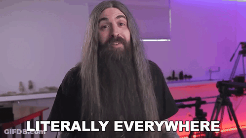 A Man With Long Hair And A Beard Is Standing In Front Of A Camera And Saying Literally Everywhere . GIF