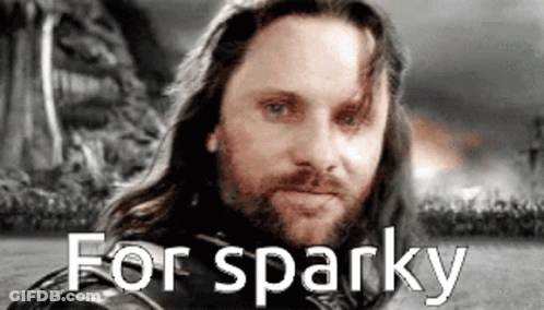 A Man With Long Hair And A Beard Is Standing In Front Of A Crowd With The Words `` For Sparky '' Written Above Him . GIF