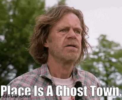 A Man With Long Hair And A Beard Is Standing In Front Of Trees And Says Place Is A Ghost Town . GIF