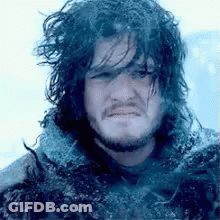 A Man With Long Hair And A Beard Is Standing In The Snow And Looking At The Camera . GIF