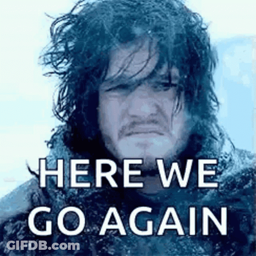 A Man With Long Hair And A Beard Is Standing In The Snow With The Words `` Here We Go Again '' On His Face . GIF