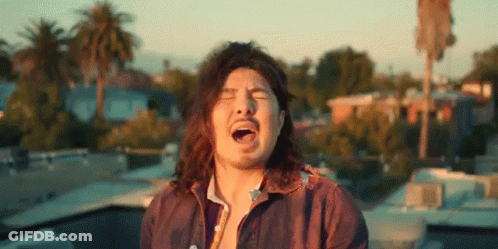 A Man With Long Hair And A Beard Is Standing On Top Of A Roof With His Mouth Open . GIF