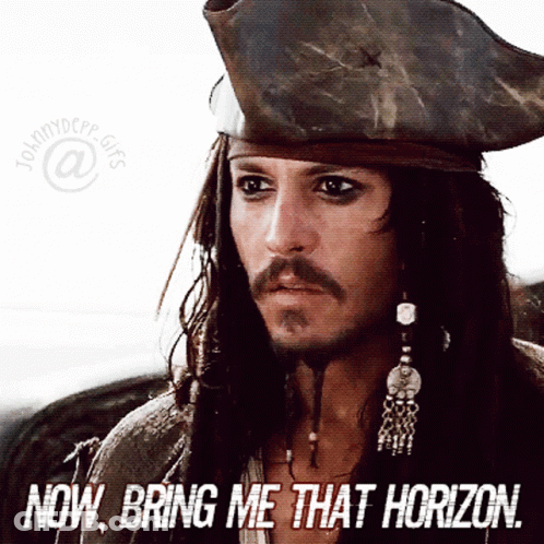 A Man With Long Hair And A Beard Is Wearing A Pirate Hat And Saying " Now Bring Me That Horizon " GIF