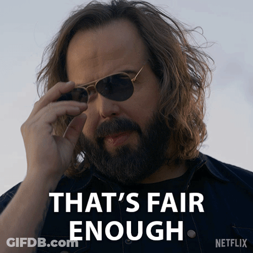A Man With Long Hair And A Beard Is Wearing Sunglasses And Says " That 'S Fair Enough " GIF