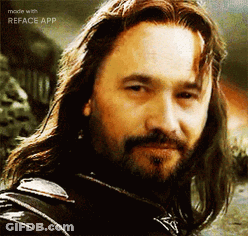 A Man With Long Hair And A Beard Looks At The Camera GIF