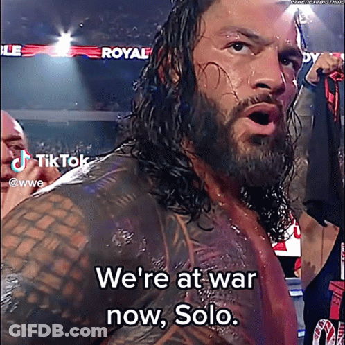 A Man With Long Hair And A Beard Says We 'Re At War Now Solo . GIF