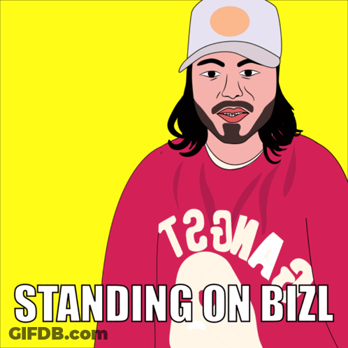 A Man With Long Hair And A Beard Wearing A Red Shirt That Says T2ma Standing On Bizl GIF