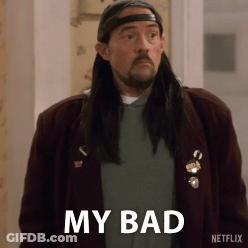 A Man With Long Hair And A Hat Says My Bad . GIF