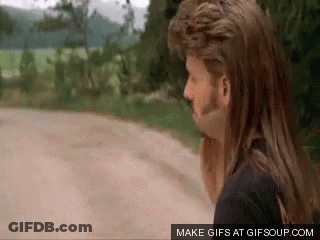 A Man With Long Hair And A Mullet Is Standing On A Dirt Road .. GIF