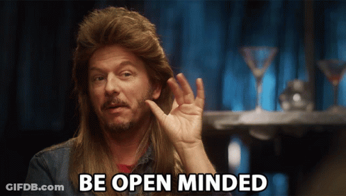 A Man With Long Hair And A Mullet Says " Be Open Minded " GIF