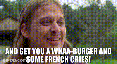 A Man With Long Hair And A Mustache Is Smiling And Says `` And Get You A Whaa-Burger And Some French Cries '' GIF