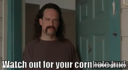 A Man With Long Hair And A Mustache Is Standing In Front Of A Door And Talking . GIF