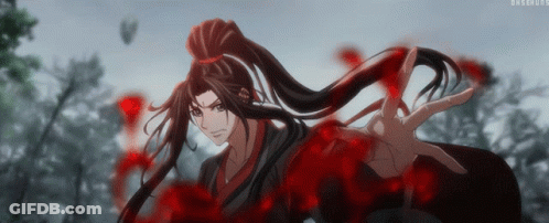 A Man With Long Hair And A Ponytail Is Surrounded By Red Blood GIF