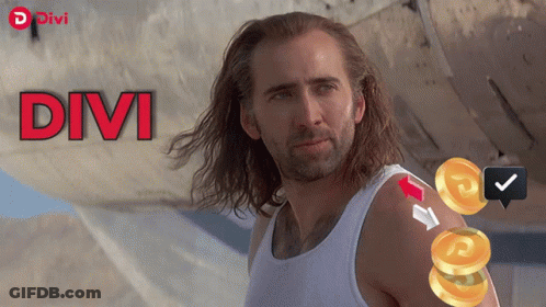 A Man With Long Hair And A White Tank Top Stands In Front Of A Sign That Says " Divi " GIF