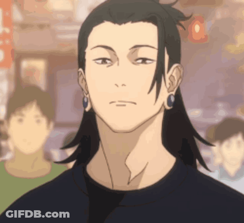 A Man With Long Hair And Earrings Is Wearing A Black Shirt And A Black Tie . GIF