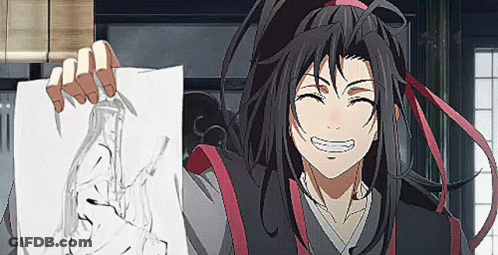 A Man With Long Hair Is Holding A Piece Of Paper With A Drawing Of A Hand On It . GIF