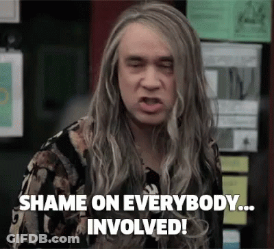 A Man With Long Hair Is Making A Funny Face And Saying `` Shame On Everybody Involved ! '' GIF