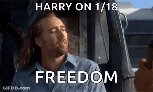 A Man With Long Hair Is Sitting In A Car With His Eyes Closed And A Caption That Says Harry On 1/18 Freedom GIF