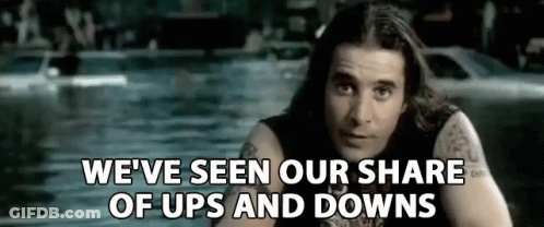 A Man With Long Hair Is Sitting In Front Of A Pool Of Water And Says We 'Ve Seen Our Share Of Ups And Downs GIF