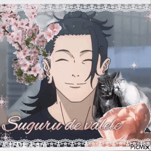 A Man With Long Hair Is Smiling And Holding A Cat In His Arms . GIF