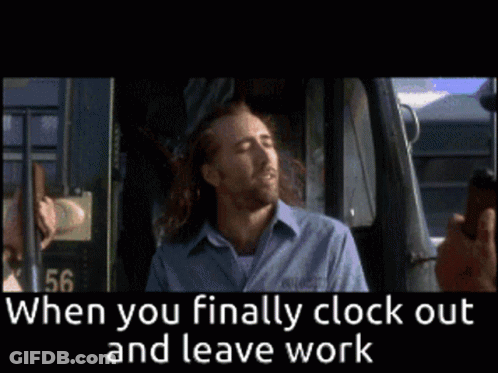 A Man With Long Hair Is Smiling In A Car With A Caption That Says When You Finally Clock Out And Leave Work GIF